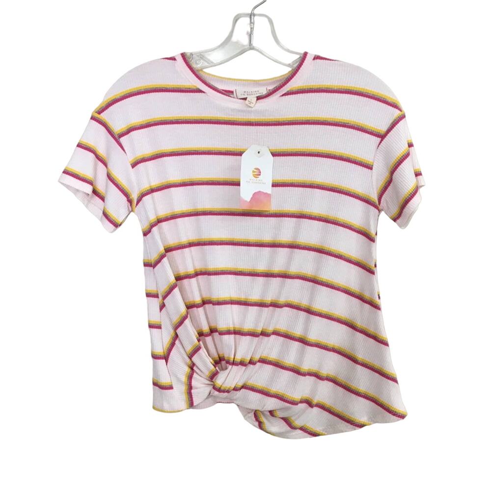 NWT Walking On Sunshine Junior's Ribbed Striped Knit Short Sleeve Top